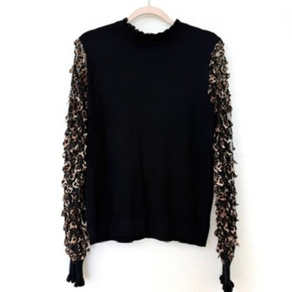 Sioni Milano Black‎ Sweater Leopard Lace Appliqué Sleeve Detail Size L Chic Glam